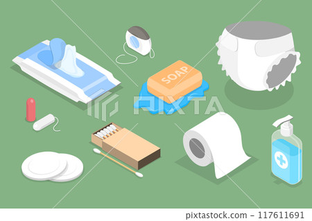3D Isometric Flat Vector Set of Hygiene Product, Personal Cleanliness and Body Care Supplies 117611691