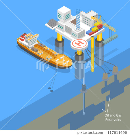 3D Isometric Flat Vector Illustration of Ocean Drilling, Scene Oil Extraction 3D Isometric Flat Vector Illustration of Ocean Drilling, Scene Oil Extraction 117611696