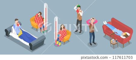 3D Isometric Flat Vector Illustration of Diverse Unhealthy People, Charecters Suffering from Flu and Fever with Cough and Sneeze 3D Isometric Flat Vector Illustration of Diverse Unhealthy People, Charecters Suffering from Flu and Fever with Cough and Sneeze 117611703