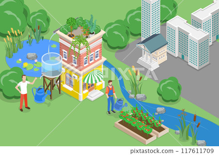 3D Isometric Flat Vector Illustration of Water Conservation In City, Rainwater Collection and Reuse 117611709