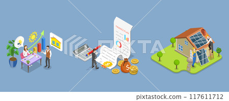 3D Isometric Flat Vector Illustration of Going Solar , Solar Energy Process from Beginning to End 117611712