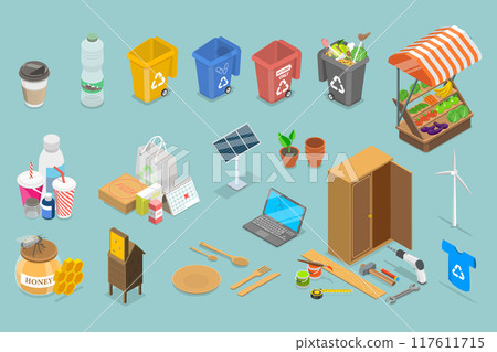 3D Isometric Flat Vector Illustration of Zero Waste Objects Collection, Eco-Friendly Products 117611715