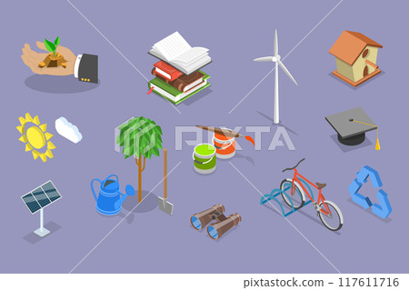 3D Isometric Flat Vector Illustration of Volunteering And Charity, Charitable Projects Focused on Education and Environment 117611716