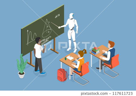 3D Isometric Flat Vector Illustration of Future Education, Collaborative Learning with Robot Teacher and Students in a Classroom 3D Isometric Flat Vector Illustration of Future Education, Collaborative Learning with Robot Teacher and Students in a Classroom 117611723