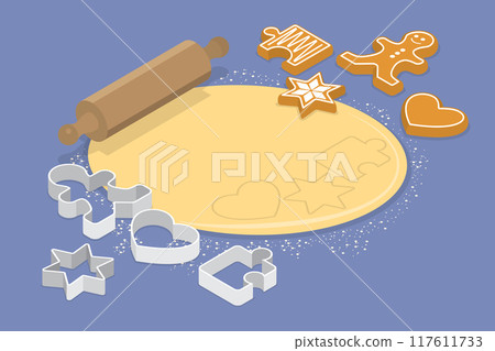 3D Isometric Flat Vector Illustration of Sweet Pastry, Dough, Wooden Rolling Pin, and Cookie Cutters 3D Isometric Flat Vector Illustration of Sweet Pastry, Dough, Wooden Rolling Pin, and Cookie Cutters 117611733
