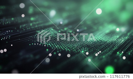 Digital data flow with green lights and abstract patterns in a dark background 117611776