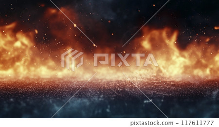 Vibrant flames intertwining with dark, moody clouds in a dramatic twilight sky 117611777