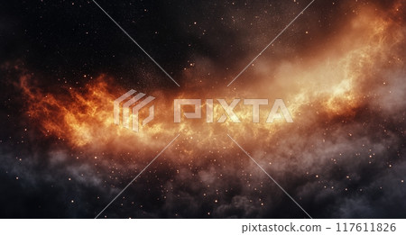 Vibrant flames intertwining with dark, moody clouds in a dramatic twilight sky 117611826