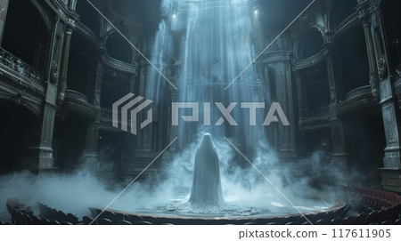 A faceless translucent ghost hovers in the center of the theater stage A faceless translucent ghost hovers in the center of the theater stage 117611905