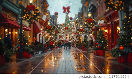 Festive Christmas Street Decorated with Lights and Ornaments 117611954