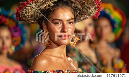 Woman in Vibrant Traditional Dress at Cultural Celebration 117611971