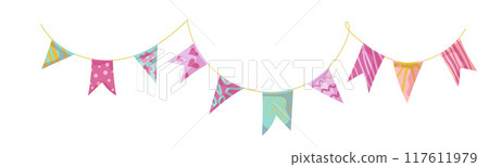 Bunting garland doodle. Doodle birthday garland of flags. Festival or Christmas party bunting border decoration. 117611979