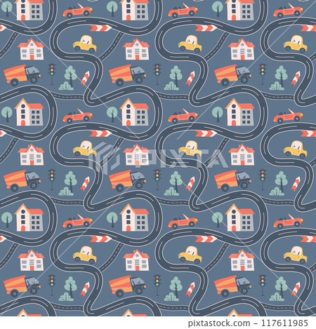 Kids seamless pattern with car, bus and road. Perfect for fabric , digital paper, cards. Kids seamless pattern with car, bus and road. Perfect for fabric , digital paper, cards. 117611985