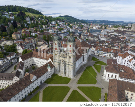 St. Gallen Cityscape Skyline, Abbey Cathedral of Saint Gall in Switzerland in a day. Beautiful Aerial View with drone. St. Gallen Cityscape Skyline, Abbey Cathedral of Saint Gall in Switzerland in a day. Beautiful Aerial View with drone. 117612057