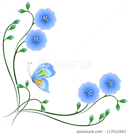 Corner with flowers of blue flax and butterfly. 117612063