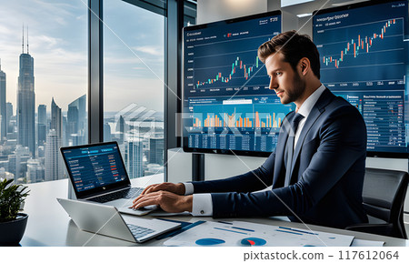 Businessman Working at Laptop in Modern Office With City View 117612064