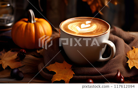 A Warm Autumn Coffee With Pumpkin and Leaves 117612094