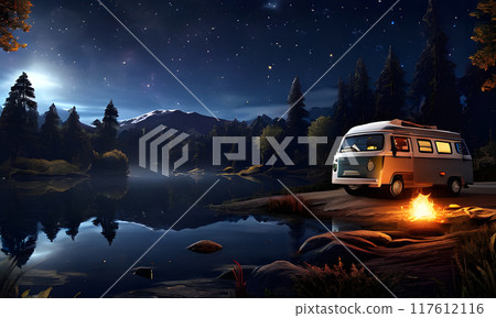 Camping Van Parked by Lake Under Starry Night Sky 117612116