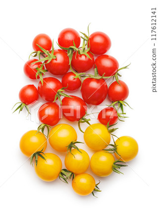 Different colorful cherry tomatoes isolated on white background. Different colorful cherry tomatoes isolated on white background. 117612141