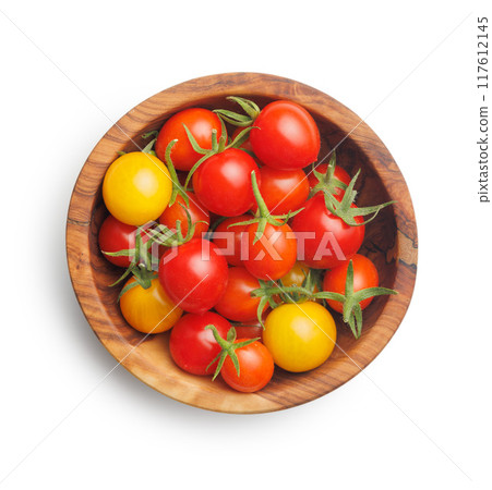 Different colorful cherry tomatoes in bowl isolated on white background. Different colorful cherry tomatoes in bowl isolated on white background. 117612145