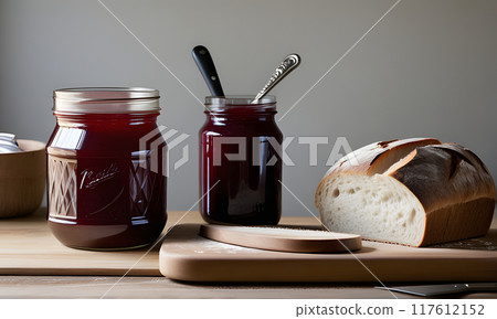Two Jars of Homemade Blackberry Jam With Freshly Baked Bread on a Wooden Cutting Board 117612152