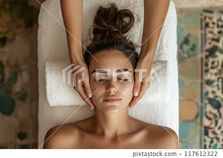 Woman getting a face massage on a massage table 117612322