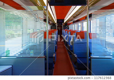 Scenery around the seats in the Kairi 1st car. Photographed while stopped at Kuwagawa Station. Roadside station, Murakami City. Scenery around the seats in the Kairi 1st car. Photographed while stopped at Kuwagawa Station. Roadside station, Murakami City. 117612368