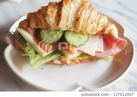 Sandwich With Smoked Chicken Salami on table  117612887