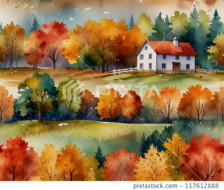 drawn watercolor painting of autumn scenic village . landscape painting with village houses , chalet house, green fields, grass, meadow, autumn trees 117612888