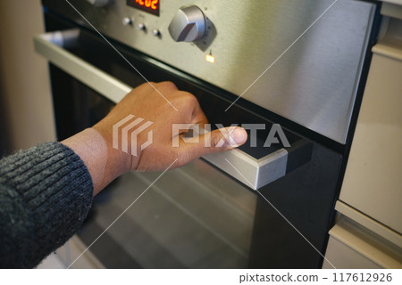 A person is using their hand to open a modern oven, engaging in culinary activities at home A person is using their hand to open a modern oven, engaging in culinary activities at home 117612926