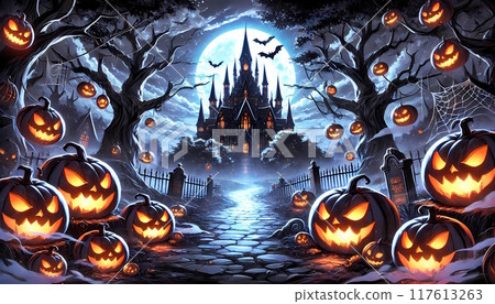 Halloween pumpkins and castles floating in the moonlight 5 117613263
