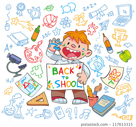 Funny boy holding a painted sign back to school. Cartoon character. Vector illustration 117613315