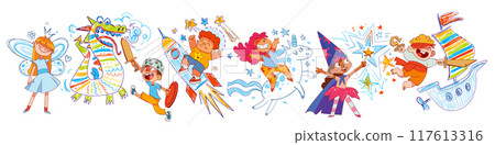 Childhood dreams and fantasies. Kids imagination. Fairy tales for children 117613316