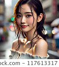 Woman walking in the city in the rain 117613317