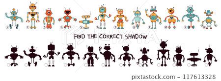 Find the correct shadow. Funny cartoon characters robots. Choose right silhouette. Educational game for kids. 117613328