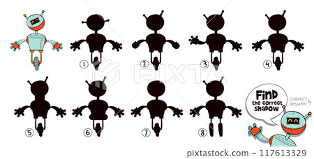 Find the correct shadow. Funny cartoon character retro robot. Choose right silhouette 117613329