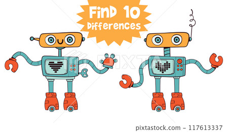 Find 10 differences in the picture. Retro robot. Educational game for kids Find 10 differences in the picture. Retro robot. Educational game for kids 117613337