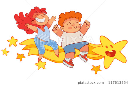 Kids flying on a comet. Colorful cartoon characters. Isolated on white background 117613364