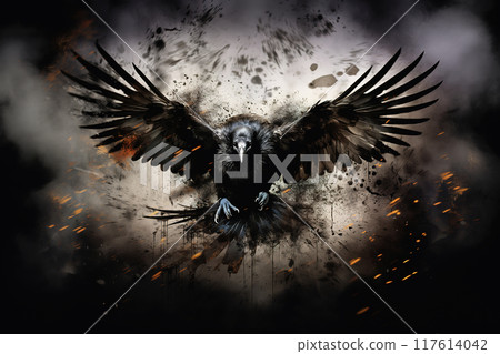 A powerful raven with outstretched wings descends amidst a storm of dark energy and fiery sparks, Birds, Wildlife Animals. 117614042
