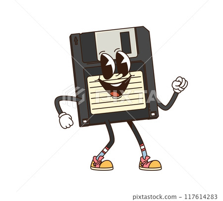 Cartoon groovy computer diskette retro character. Isolated vector vintage anthropomorphic floppy disk personage with a happy face, wearing sneakers, standing with a confident pose, and nostalgic vibes 117614283