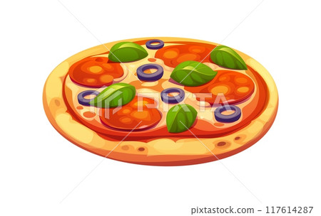 Cartoon fast food pizza topped with pepperoni, black olives, and fresh basil leaves on a golden crust. Isolated vector whole, round, delightful Italian pizza with melted cheese and rich tomato sauce 117614287