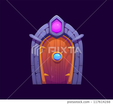 Fantasy magic portal gate door, witchcraft game asset. Cartoon vector enchanting doorway fairytale wizard teleport framed by grey stone with a glowing purple crystal atop and large, blue, glowing gem 117614288