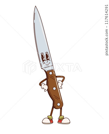 Knife retro groovy kitchenware and utensil character. Isolated cartoon vector confident cutting tool personage standing with hands on its hips and a big smile, exuding a sense of pride and readiness Knife retro groovy kitchenware and utensil character. Isolated cartoon vector confident cutting tool personage standing with hands on its hips and a big smile, exuding a sense of pride and readiness 117614291