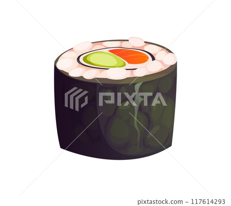 Cartoon Japanese maki sushi roll, showcasing raw slices of creamy avocado and fresh salmon fish enveloped in rice with seaweed on the outside. Isolated vector Asian culinary meal, Japan seafood Cartoon Japanese maki sushi roll, showcasing raw slices of creamy avocado and fresh salmon fish enveloped in rice with seaweed on the outside. Isolated vector Asian culinary meal, Japan seafood 117614293