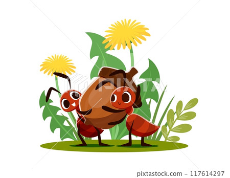 Ant characters carry an acorn. Two cartoon ant workers carrying acorn together, showing teamwork, stock up and cooperation. Vector colorful natural summer scene with dandelion plants and cute insects 117614297