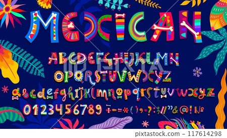 Mexican font, Hispanic typeface or Dead Day type, vector cartoon English alphabet. Mexican font letters or ABC typography for Dia De Los Muertos holiday fiesta with skull skeleton bones and flowers 117614298