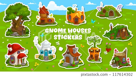 Cartoon fairytale gnome and elf house buildings stickers. Vector set of patches depicting whimsical treehouse, mushroom, teapot and carrot, stump, old boot, pumpkin and hillock in a green landscape Cartoon fairytale gnome and elf house buildings stickers. Vector set of patches depicting whimsical treehouse, mushroom, teapot and carrot, stump, old boot, pumpkin and hillock in a green landscape 117614302