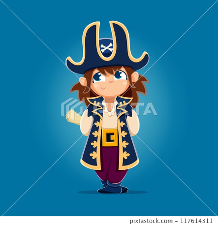 Cartoon kid girl pirate corsair or captain with map and tricorne hat, vector character. Funny kid girl in pirate or Caribbean corsair sailor costume with treasure map and Jolly roger crossbones on hat Cartoon kid girl pirate corsair or captain with map and tricorne hat, vector character. Funny kid girl in pirate or Caribbean corsair sailor costume with treasure map and Jolly roger crossbones on hat 117614311
