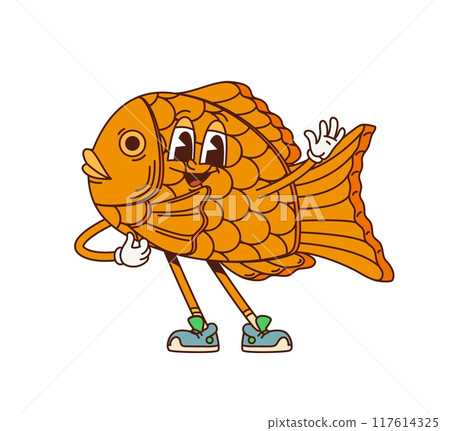 Cartoon retro groovy Japanese taiyaki fish dessert characters, vector funky comic. Groovy funny taiyaki fish or cake snack with face, happy smile and Hi gesture for Japanese cartoon street food pastry Cartoon retro groovy Japanese taiyaki fish dessert characters, vector funky comic. Groovy funny taiyaki fish or cake snack with face, happy smile and Hi gesture for Japanese cartoon street food pastry 117614325