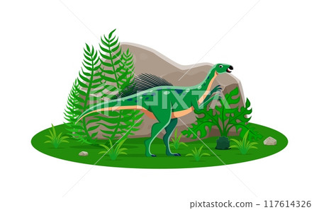 Wannanosaurus prehistoric dinosaur cartoon character. Isolated vector herbivore ancient reptile dino animal in natural environment with green plants. Late Cretaceous era lizard, paleontology science Wannanosaurus prehistoric dinosaur cartoon character. Isolated vector herbivore ancient reptile dino animal in natural environment with green plants. Late Cretaceous era lizard, paleontology science 117614326
